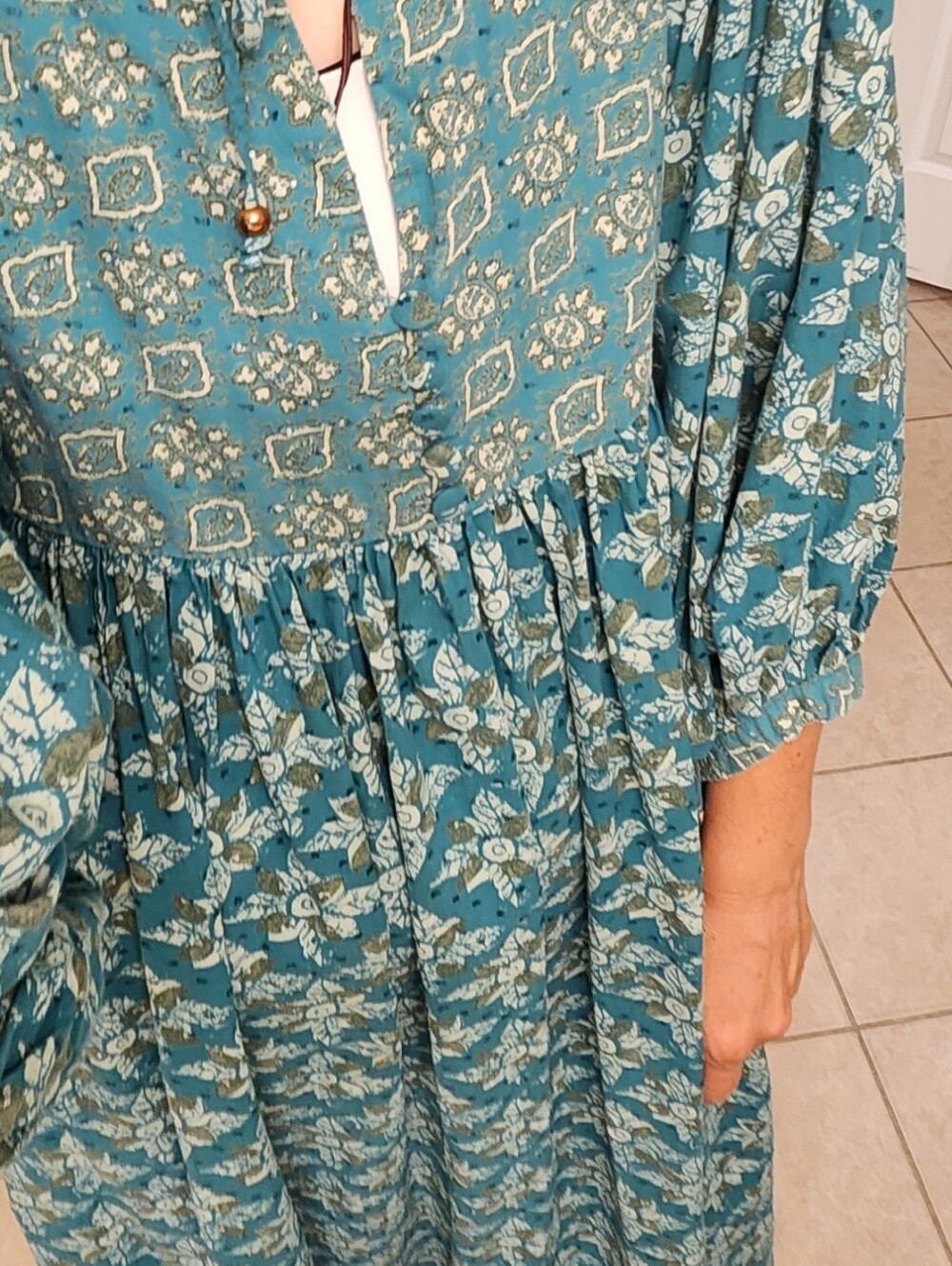 Free People Size L Teal Green Maxi Dress Balloon Sleeve Beaded Detail Stunning - Picture 8 of 17
